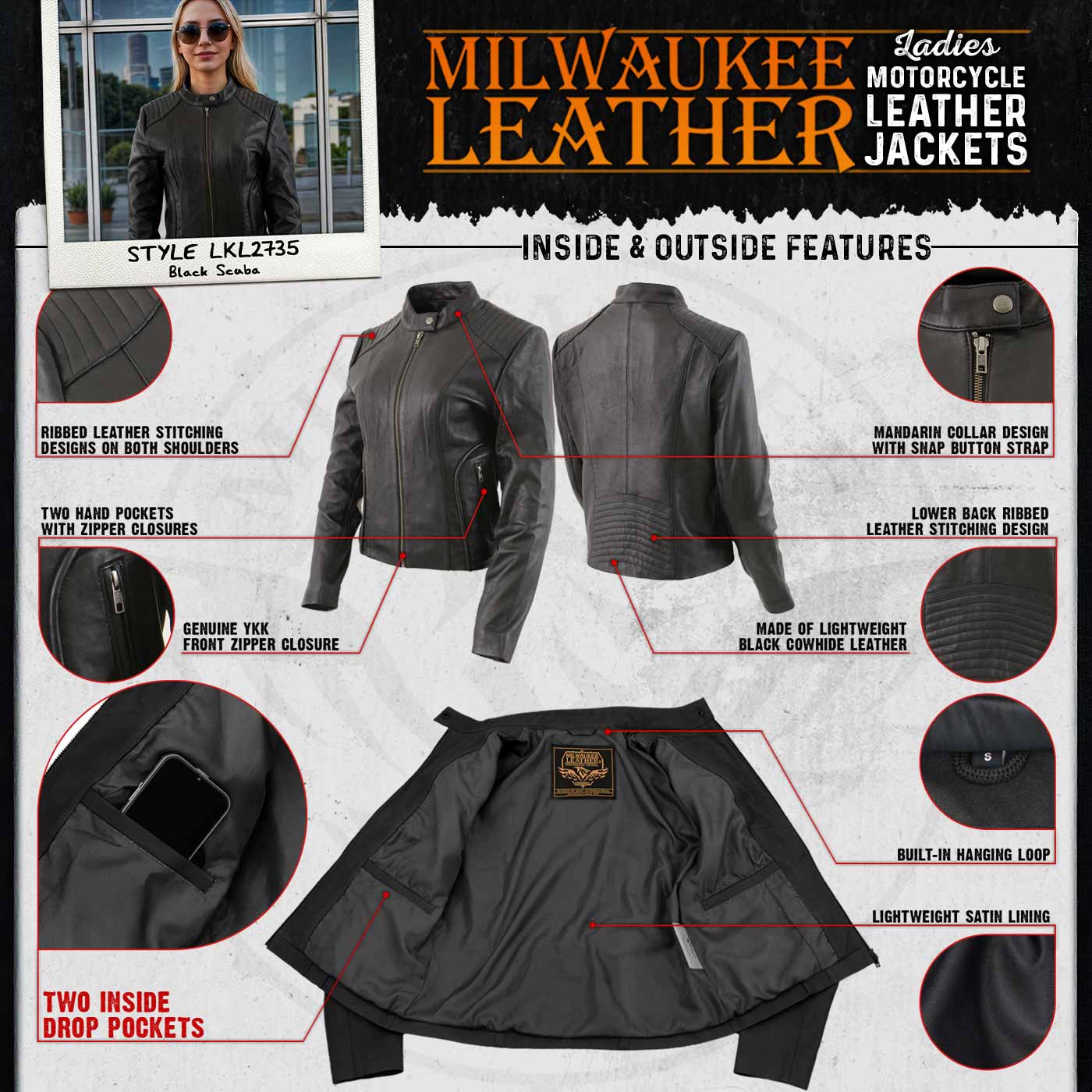 Milwaukee Leather LKL2735 Women's Black Premium Leather Scuba Style Biker Jacket w/ Mandarin Collar