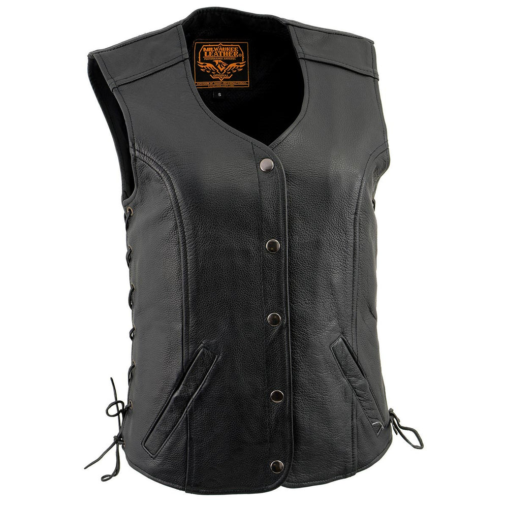 Milwaukee Leather LKL4700 Women's Black Premium Leather Side Laced Motorcycle Biker Riders Vest w/ Snap Closure
