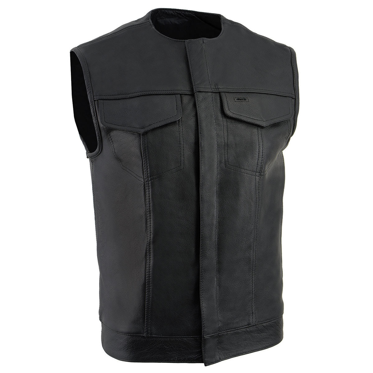 Milwaukee Leather LKM3721 Men's Black Leather Collarless Concealed Snap Closure Club Style Motorcycle Vest