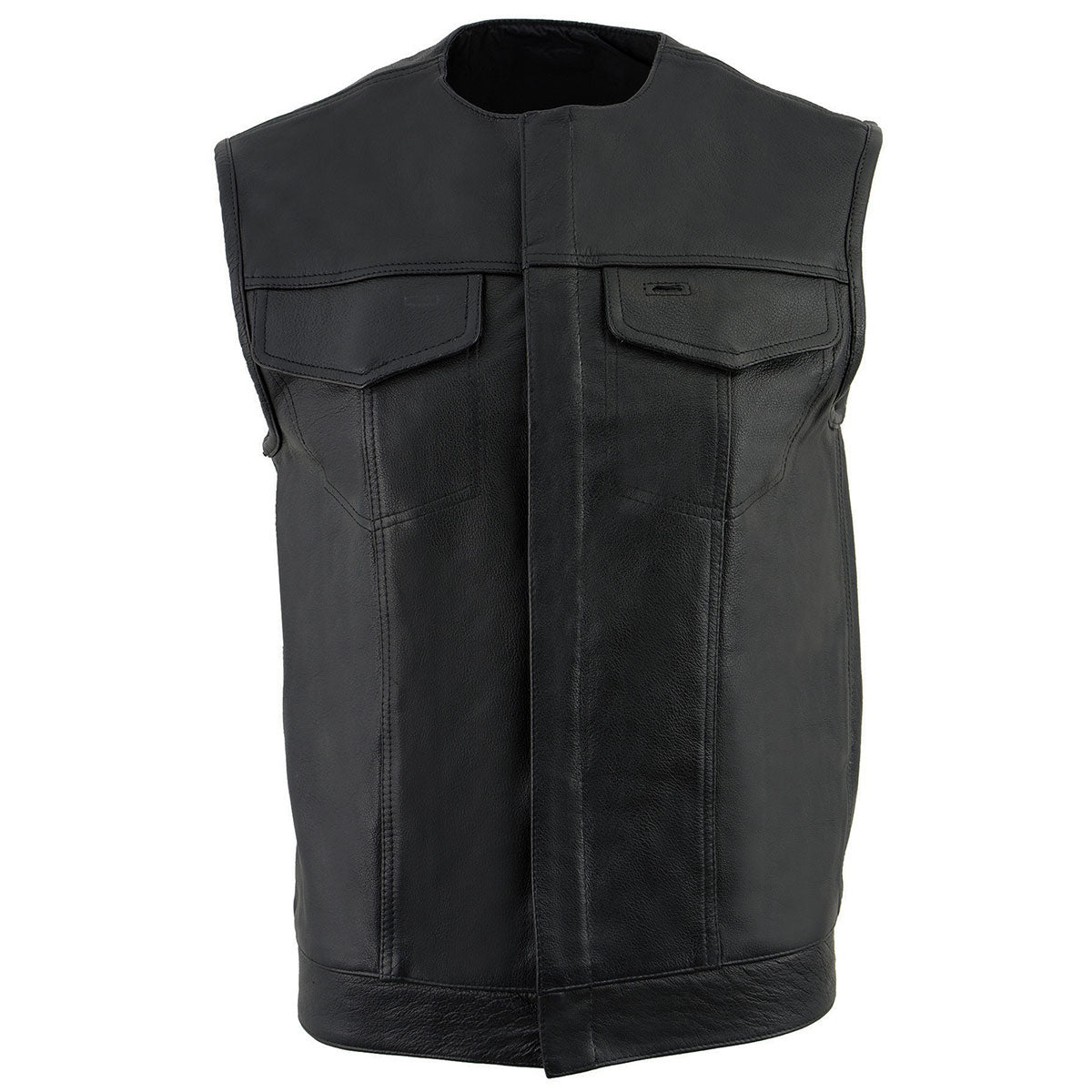 Z1R3721 Men’s ’338’ Black Collarless Motorcycle Leather Vest