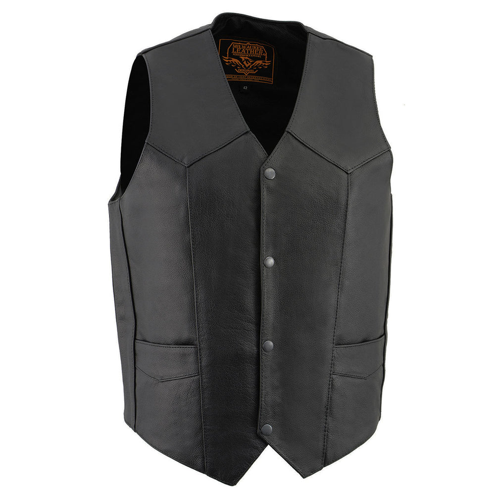 Milwaukee Leather LKM3730 Men's Black Leather Western Style V-Neck Motorcycle Rider Vest with Front Snap Closure