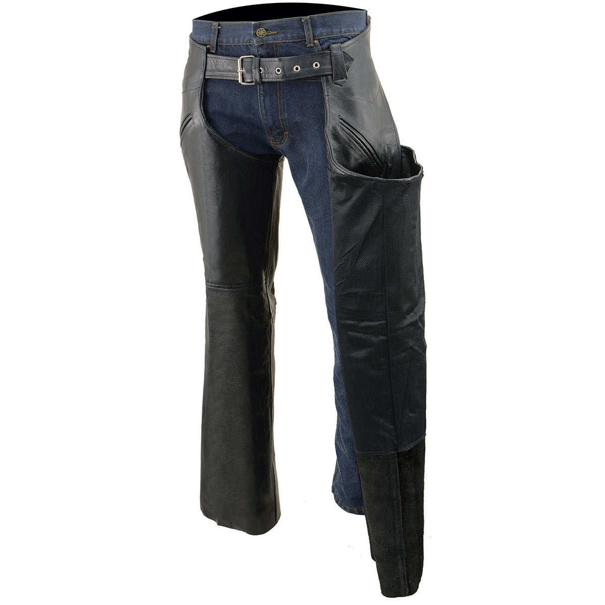 Milwaukee Leather LKM5710 Men's Black Premium Leather Chaps- Slash Pocket Mesh Lined Overpants for Motorcycle Rider