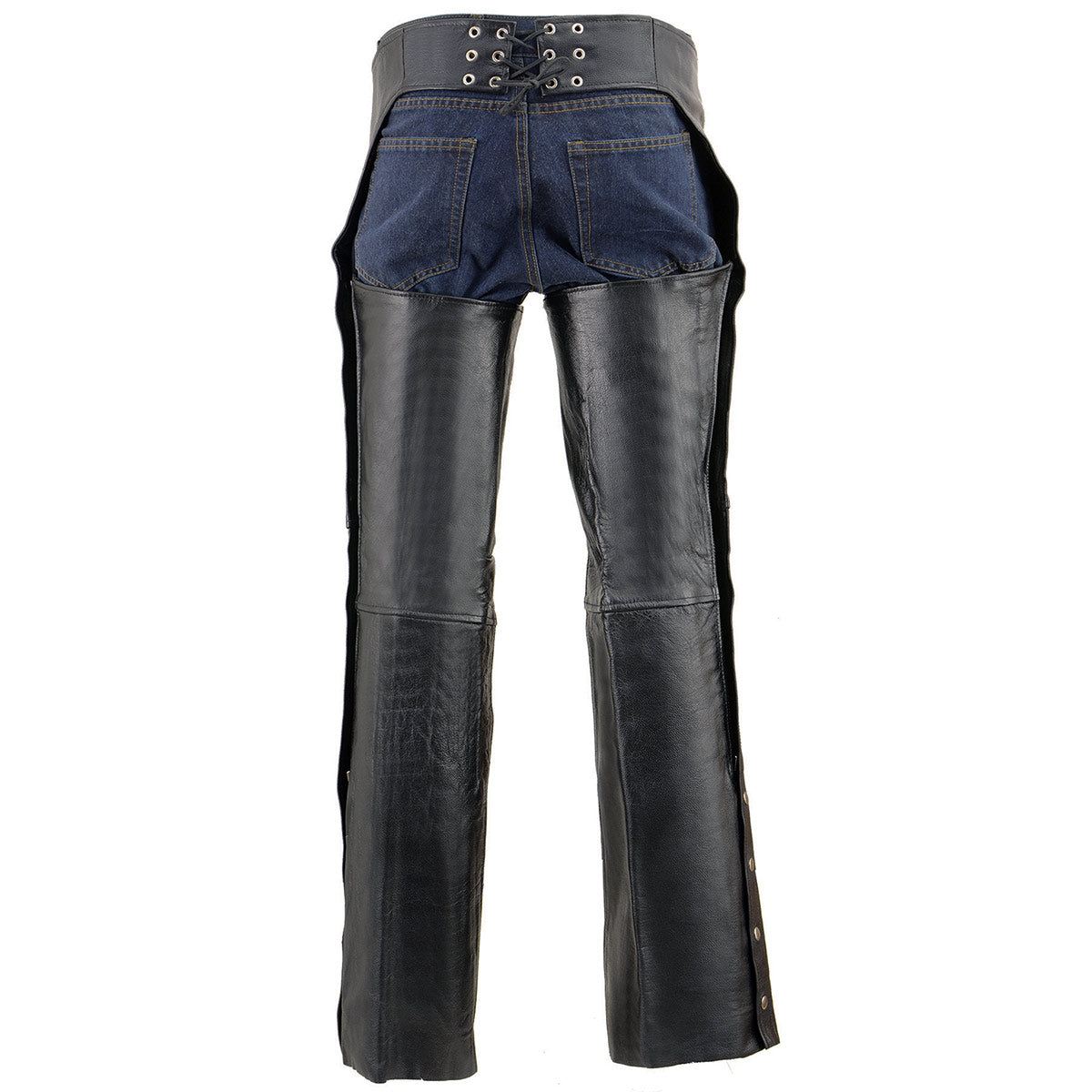 Milwaukee Leather LKM5710 Men's Black Premium Leather Chaps- Slash Pocket Mesh Lined Overpants for Motorcycle Rider