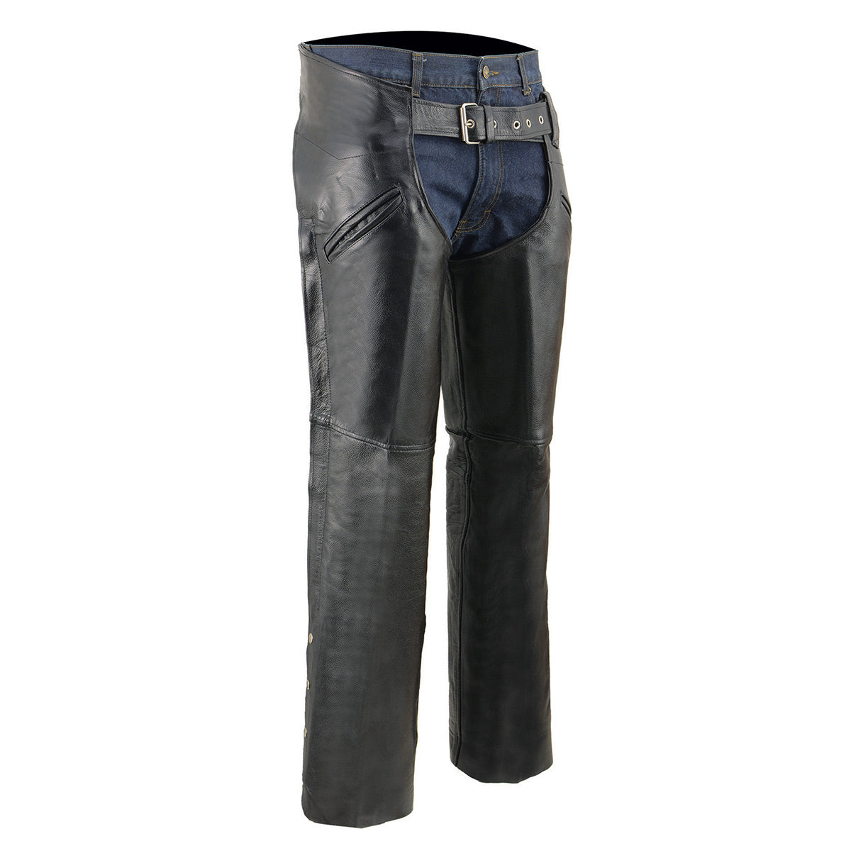 Milwaukee Leather LKM5710 Men's Black Premium Leather Chaps- Slash Pocket Mesh Lined Overpants for Motorcycle Rider