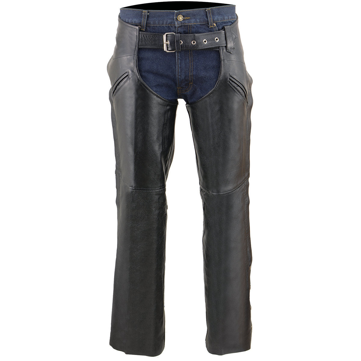 Milwaukee Leather LKM5710 Men's Black Premium Leather Chaps- Slash Pocket Mesh Lined Overpants for Motorcycle Rider