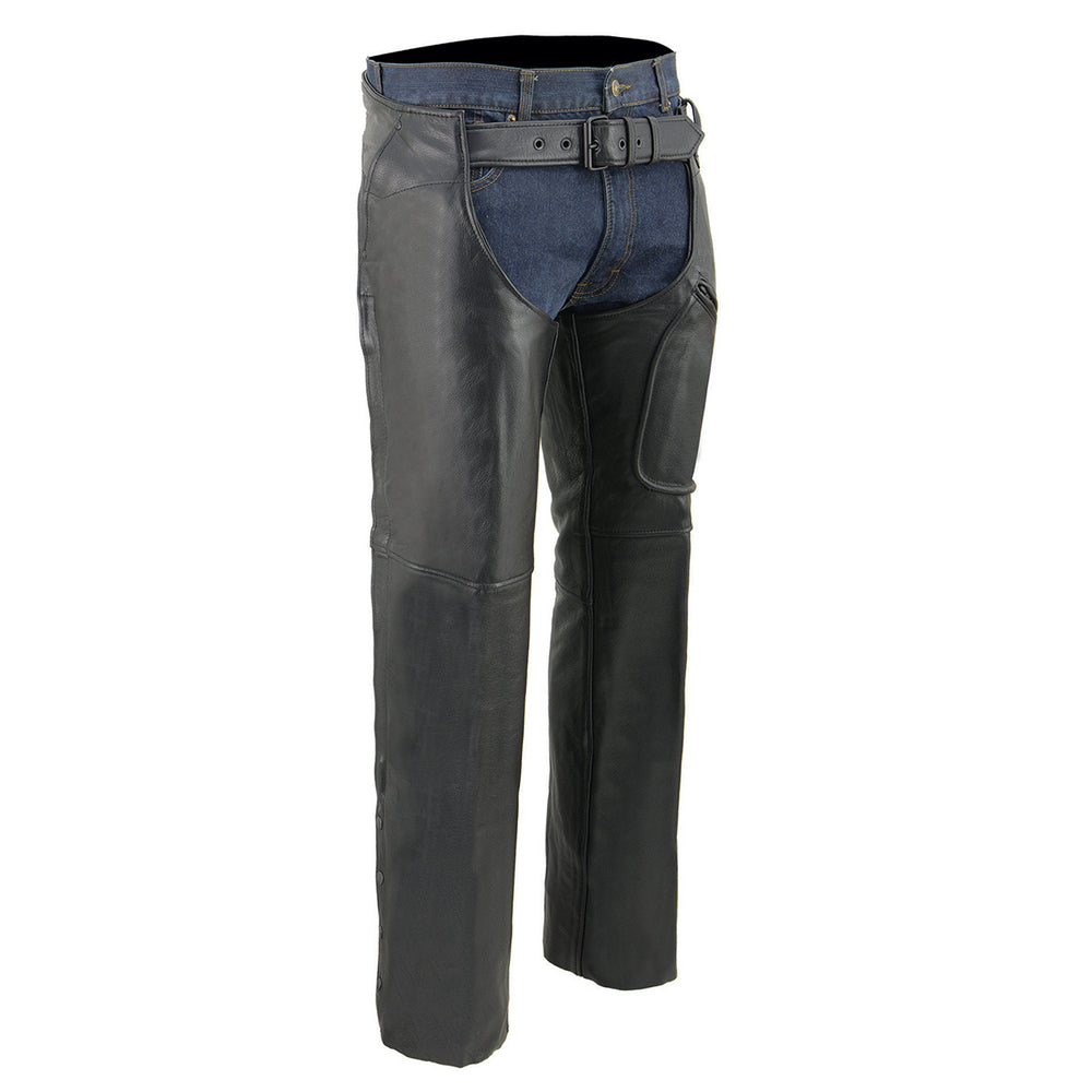 Milwaukee Leather LKM5780 Men's Black Premium Leather 3 Pocket Chaps with Thigh Patch Pocket