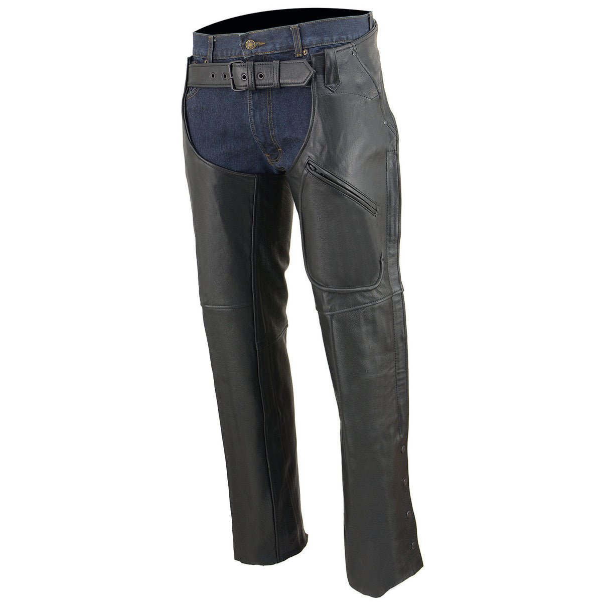 Milwaukee Leather Chaps for Men's Black Leather 3-Front Pockets- Thigh Patch Pocket Motorcycle Riders Chap- LKM5780