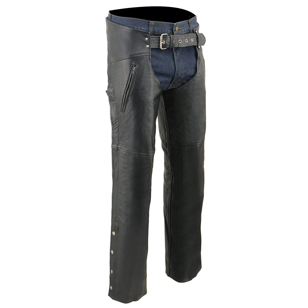 Milwaukee Leather Chaps for Men's Black Leather Dual Side Thigh Zipper Close Pockets Motorcycle Rider Chap- LKM5782