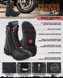 Milwaukee Leather MBL9301 Women's Black Leather Lace-Up Motorcycle Biker Riding Boots with Side Zipper Entry