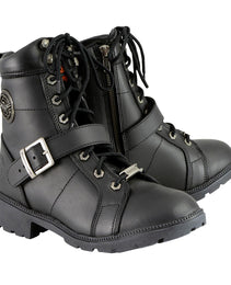 Milwaukee Leather MBL9325 Women's Premium Black Lace-Up Classic Leather Motorcycle Biker Boots w/ Side Zipper