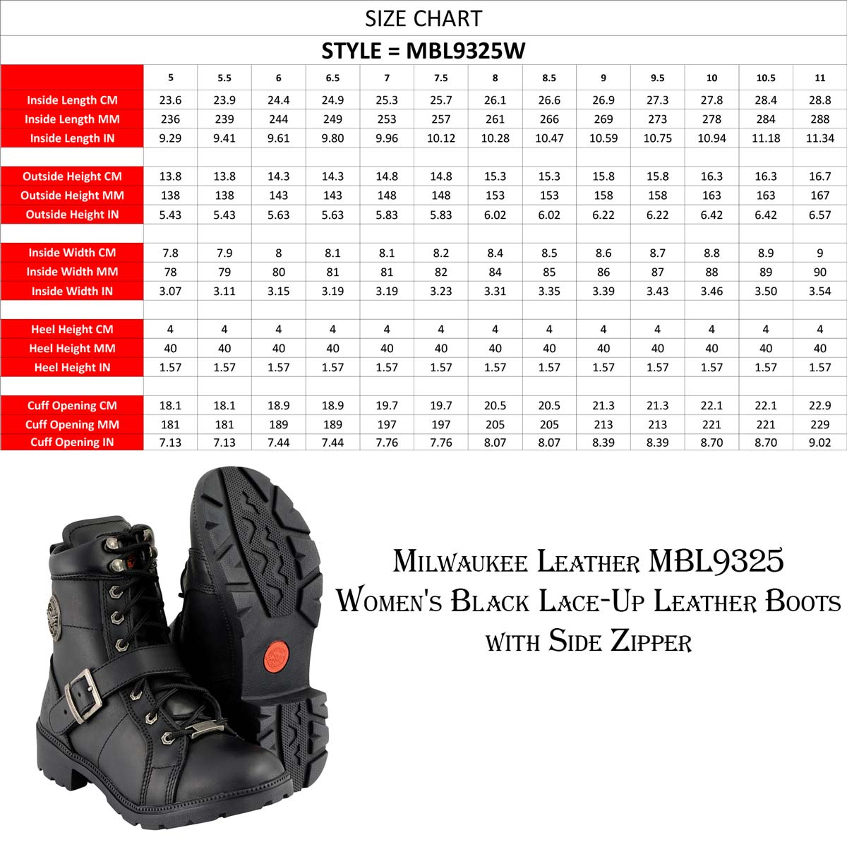 Milwaukee Leather MBL9325W レディース ワイド幅 レースアップ ブラック レザー ブーツ ジッパー付き - 9W