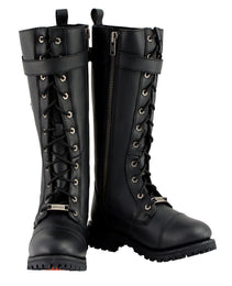 Milwaukee Leather Women's Black 14-inch Lace-Up High-Rise Leather Biker Rider Boots with Calf Buckle MBL9355