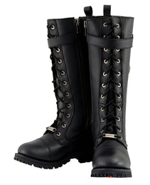 Milwaukee Leather Women's Black 14-inch Lace-Up High-Rise Leather Biker Rider Boots with Calf Buckle MBL9355