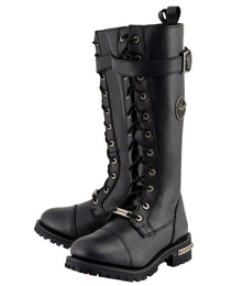 Milwaukee Leather Women's Black 14-inch Lace-Up High-Rise Leather Biker Rider Boots with Calf Buckle MBL9355