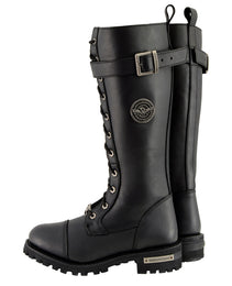 Milwaukee Leather Women's Black 14-inch Lace-Up High-Rise Leather Biker Rider Boots with Calf Buckle MBL9355