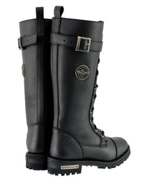 Milwaukee Leather Women's Black 14-inch Lace-Up High-Rise Leather Biker Rider Boots with Calf Buckle MBL9355