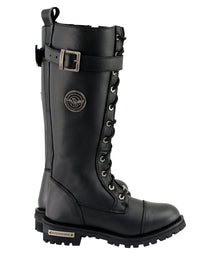 Milwaukee Leather Women's Black 14-inch Lace-Up High-Rise Leather Biker Rider Boots with Calf Buckle MBL9355