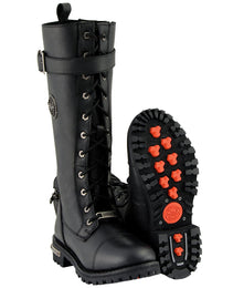 Milwaukee Leather Women's Black 14-inch Lace-Up High-Rise Leather Biker Rider Boots with Calf Buckle MBL9355