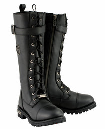 Milwaukee Leather MBL9355 Women's Black 14-inch Lace-Up High-Rise Leather Boots with Calf Buckle