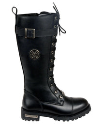 Milwaukee Leather Women's Black 14-inch Lace-Up High-Rise Leather Biker Rider Boots with Calf Buckle MBL9355