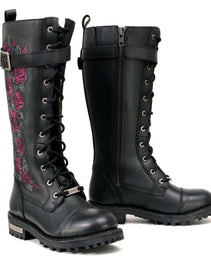 Milwaukee Leather MBL9356 Women's Black 14” Tall Motorcycle Boots Lace-Up High-Rise Pink Embroidered Leather Shoe