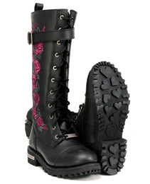 Milwaukee Leather MBL9356 Women's Black 14” Tall Motorcycle Boots Lace-Up High-Rise Pink Embroidered Leather Shoe