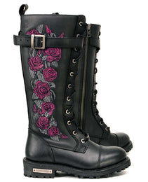 Milwaukee Leather MBL9356 Women's Black 14” Tall Motorcycle Boots Lace-Up High-Rise Pink Embroidered Leather Shoe