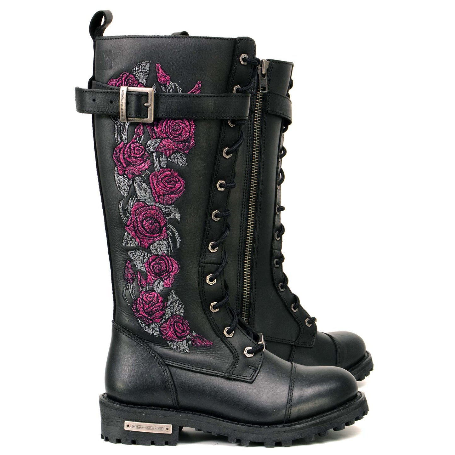Milwaukee Leather MBL9356 Women's Black 14” Tall Motorcycle Boots Lace-Up High-Rise Pink Embroidered Leather Shoe