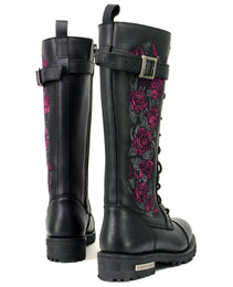 Milwaukee Leather MBL9356 Women's Black 14” Tall Motorcycle Boots Lace-Up High-Rise Pink Embroidered Leather Shoe