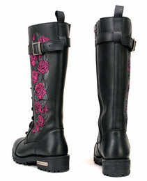 Milwaukee Leather MBL9356 Women's Black 14” Tall Motorcycle Boots Lace-Up High-Rise Pink Embroidered Leather Shoe