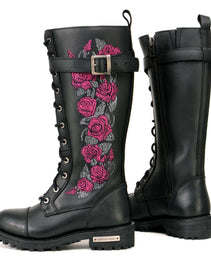 Milwaukee Leather MBL9356 Women's Black 14” Tall Motorcycle Boots Lace-Up High-Rise Pink Embroidered Leather Shoe