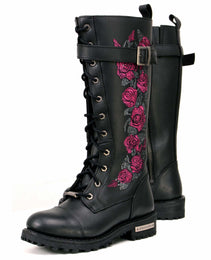 Milwaukee Leather MBL9356 Women's Black 14” Tall Motorcycle Boots Lace-Up High-Rise Pink Embroidered Leather Shoe