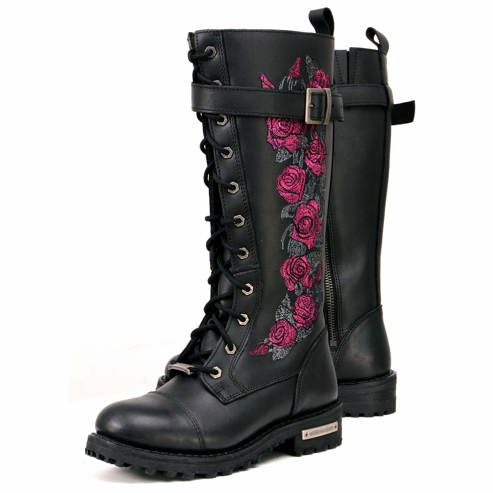 Milwaukee Leather MBL9356 Women's Black 14” Tall Motorcycle Boots Lace-Up High-Rise Pink Embroidered Leather Shoe