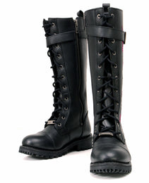 Milwaukee Leather MBL9356 Women's Black 14” Tall Motorcycle Boots Lace-Up High-Rise Pink Embroidered Leather Shoe