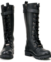 Milwaukee Leather MBL9356 Women's Black 14” Tall Motorcycle Boots Lace-Up High-Rise Pink Embroidered Leather Shoe