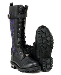 Milwaukee Leather MBL9357 Women's Black 14” Tall Motorcycle Boots Lace-Up High-Rise Purple Embroidered Leather Shoe