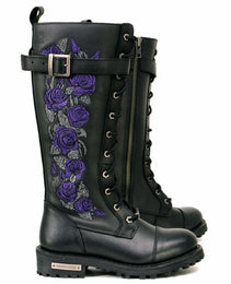 Milwaukee Leather MBL9357 Women's Black 14” Tall Motorcycle Boots Lace-Up High-Rise Purple Embroidered Leather Shoe