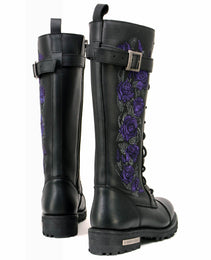 Milwaukee Leather MBL9357 Women's Black 14” Tall Motorcycle Boots Lace-Up High-Rise Purple Embroidered Leather Shoe