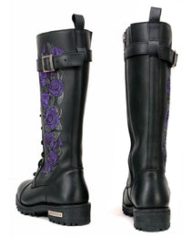 Milwaukee Leather MBL9357 Women's Black 14” Tall Motorcycle Boots Lace-Up High-Rise Purple Embroidered Leather Shoe