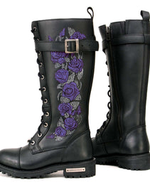 Milwaukee Leather MBL9357 Women's Black 14” Tall Motorcycle Boots Lace-Up High-Rise Purple Embroidered Leather Shoe
