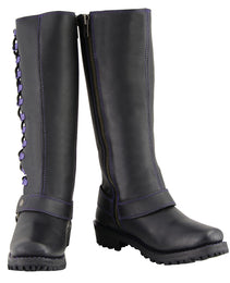 Milwaukee Leather Women's Black 14-inch Leather Harness Motorcycle Boots with Purple Accent Lacing MBL9366