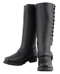 Milwaukee Leather Women's Black 14-inch Leather Harness Motorcycle Boots with Purple Accent Lacing MBL9366