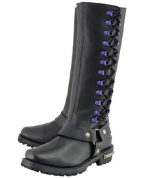 Milwaukee Leather Women's Black 14-inch Leather Harness Motorcycle Boots with Purple Accent Lacing MBL9366