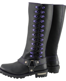 Milwaukee Leather Women's Black 14-inch Leather Harness Motorcycle Boots with Purple Accent Lacing MBL9366