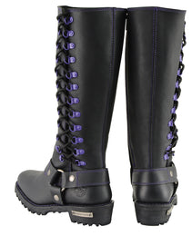 Milwaukee Leather Women's Black 14-inch Leather Harness Motorcycle Boots with Purple Accent Lacing MBL9366