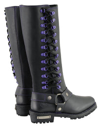 Milwaukee Leather Women's Black 14-inch Leather Harness Motorcycle Boots with Purple Accent Lacing MBL9366