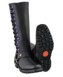 Milwaukee Leather Women's Black 14-inch Leather Harness Motorcycle Boots with Purple Accent Lacing MBL9366