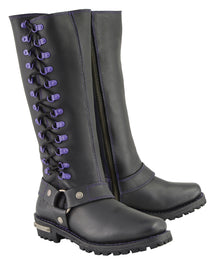 Milwaukee Leather MBL9366 Women's Black 14-inch Leather Harness Motorcycle Boots with Purple Accent Lacing
