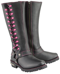 Milwaukee Leather MBL9367 Women's Black 14-inch Leather Harness Motorcycle Boots with Fuchsia Accent Lacing
