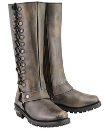 Milwaukee Leather MBL9368 Women's Distressed Brown 14-inch Classic Harness Square Toe Motorcycle Rider Boots